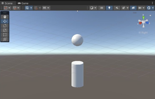 Unityの画面でCylinderが下、Sphereが上にある